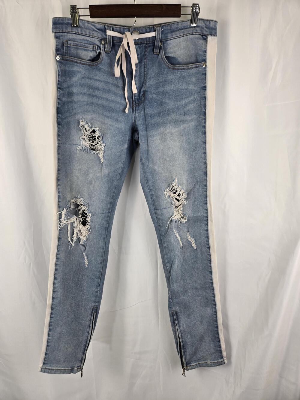 NOVA MEN Jeans Mens 33x31 Blue Distressed Stripe Skinny Zip Ankle Drawstring
